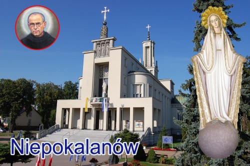 Magnes – Bazylika Niepokalanowska z zewnątrz z figurą Niepokalanej